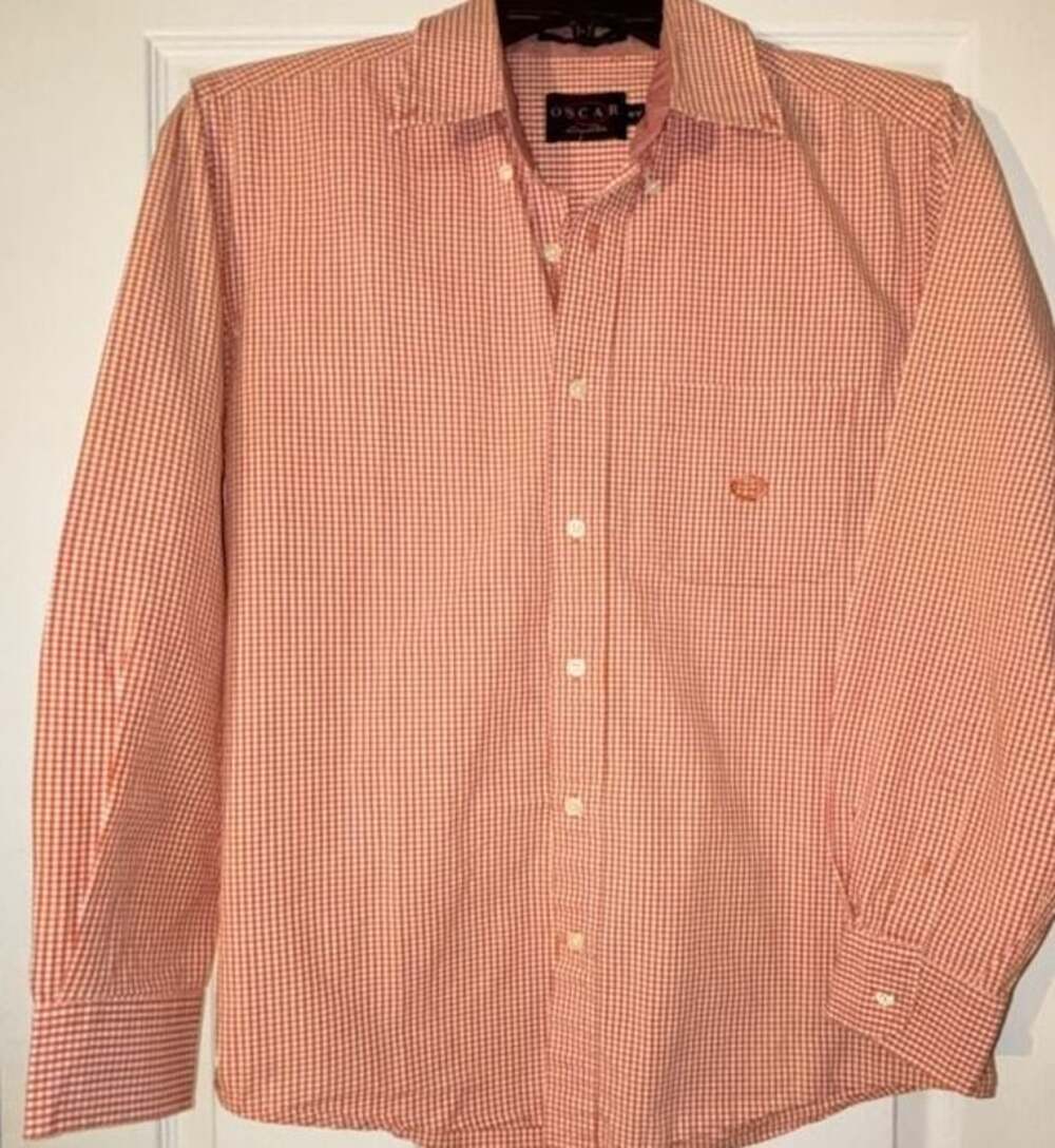 Oscar de la Renta Men's Orange White Gingham Check Long Sleeve Button Down Shirt